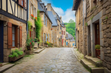 Beautiful View Of Scenic Narrow Alley With Historic Traditional Houses And Cobbled Street In An Old Town In Europe With Blue Sky And Clouds In Summer With Retro Vintage Instagram Grunge Filter Effect
