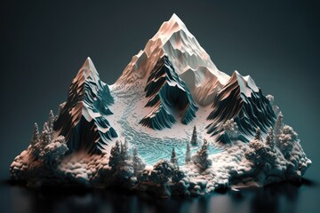 Wall Mural - isometric of the snow mountain at dark background. generative ai.