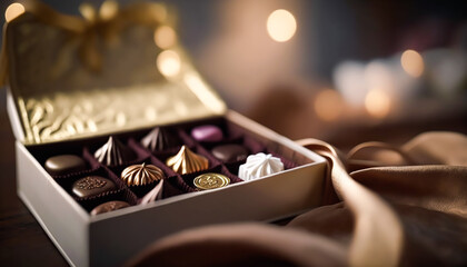 Chocolates and chocolate pralines in a gift box as a luxury holiday present, generative ai