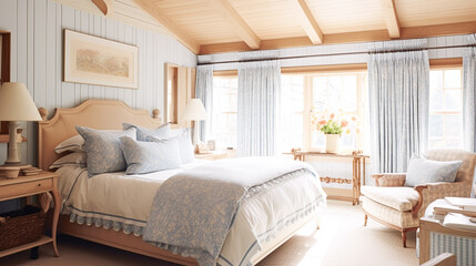 Interior design, bedroom decor and home improvement, country cottage style furniture, bed, bedding and textiles with blue accents, generative ai