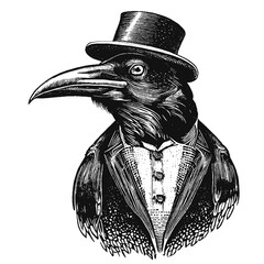 Wall Mural - raven wearing a vintage suit and hat sketch