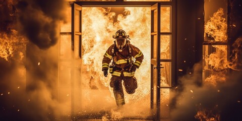 Canvas Print - A firefighter running out of a door with a fire in the background. Generative AI image.