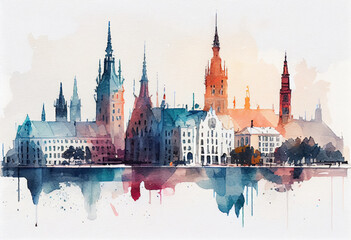 Wall Mural - Beautiful view of the historic center of Venice, watercolor sketches. Generative AI.