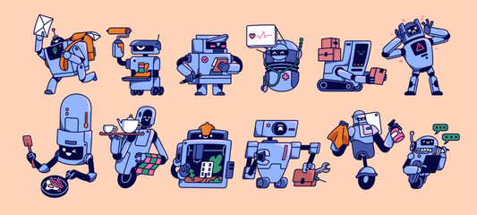 Poster - Robot assistant characters set. Cute AI machines for different services, cleaning, cooking, delivery, repairing, healthcare. Smart androids in retro style. Isolated flat graphic vector illustrations