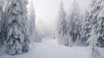 Sticker - Queda de neve na floresta de inverno. Bela paisagem com abetos cobertos de neve e montes de neve. Feliz Natal e feliz Ano Novo cumprimentando fundo com cópia - espaço. inverno conto de fadas