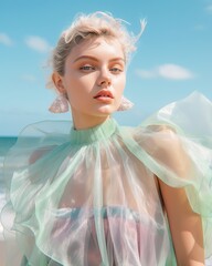 Beautiful blonde girl woman posing on the beach. Summer time, vacation, luxurious, pastel, retro. Dreamy dress made of transparent silky iridescence material. Generated AI. Generated AI.