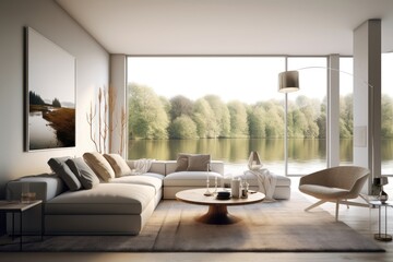 Wall Mural - modern living room with large windows overlooking a pond Generative AI