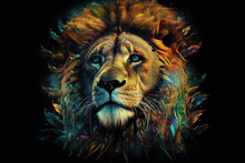 Image Of A Lion Head With Beautiful Bright Colors On A Dark Background. Wildlife Animals. Illustration, Generative AI.