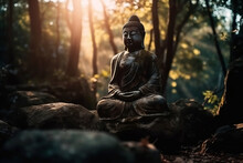 Statue Of Buddha In Morning A Forest. Zen Spiritual Ritual Meditating White Face Of Brown Buddha, Green Background. Spiritual Calmness And Awakening. Religion Concept, Esoterics. Generative AI.
