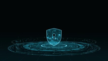 Wall Mural - Motion graphic of Blue security shield logo with particle ring circle rotation with ai technology icon on futuristic abstract background network firewall technology and data secure concepts