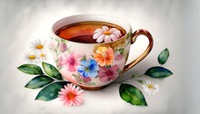 A Cute Watercolor Tea Cup With Flowers, Ai Generated.