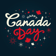 Wall Mural - Canada day hand-drawn calligraphy, vector, sign, fireworks background, clipart, template for Canadian holiday party invitation, social media posts, banners, posters, greeting cards, flags, stickers