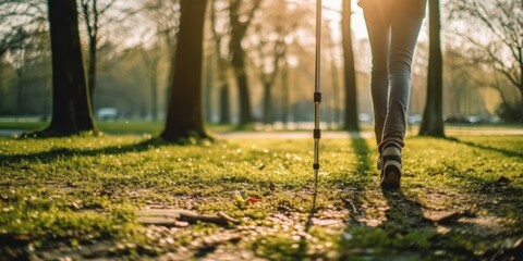 Canvas Print - A person walking in the grass with a pair of ski poles. Generative AI image.