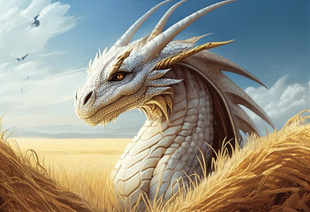 A large white dragon sits in a wheat field. AI Generated