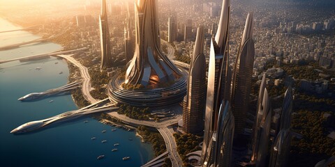 Wall Mural - futuristic high-tech city with advanced infrastructure, science fiction cityscape, fictional landsca