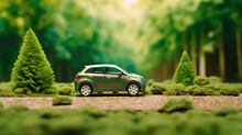 Miniature Car Model On Green Forest Background. Transportation And Travel Concept. Generative AI.