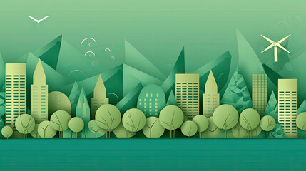 Green city with trees and wind turbine. Paper art style vector illustration. Generative AI.