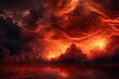 A dramatic crimson backdrop dominates as the sun sets, painting the sky a vivid red and casting a fiery glow. Swirling clouds add depth to this intense, dramatic spectacle