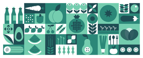 Wall Mural - Geometric mosaic food pattern. Natural fruit vegetable icons, simple minimal restaurant menu design. Vector background