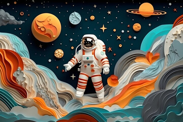 Astronout floating in the space with beautiful planet, Paper art style background.