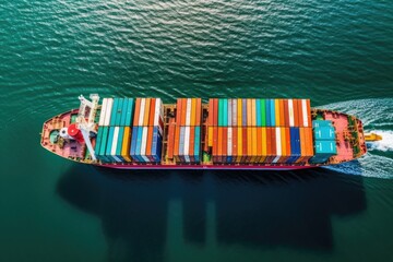 Aerial top view of a cargo ship carrying containers for export cargo. Generative AI