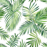 Fototapeta Sypialnia - Jungle palm leaves. Tropical background, seamless pattern. Flora painting watercolor