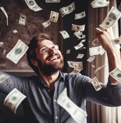 Happy man on whom money falls created with Generative AI