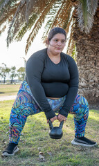 Wall Mural - Young fat woman exercising with kettlebells in the park by the lake. Healthy lifestyle