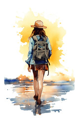 Poster - A woman walking on the beach with a backpack. Generative AI.