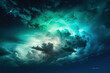Black, blue, green, and teal night sky adorned with clouds, symbolizing stormy weather with wind and rain. The dramatic dark skies background features glows, lights, and occasional lightning