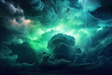 Wall Mural - Stormy teal night sky with dramatic clouds, lightning, and fantasy elements