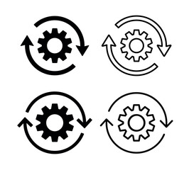 Poster - sync or synchronization process icons set. gear wheel circle arrow in flat and line style. workflow 