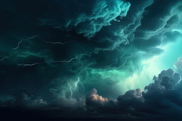 Wall Mural - Stormy teal sky with dramatic clouds, lightning, and fantasy elements