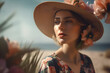 © ADDICTIVE STOCK - Generative AI illustration of attractive young female in stylish outfit and sunhat looking away at beach against blurred background on beach