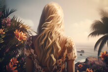 Generative AI Illustration Of Back View Of Unrecognizable Female In Stylish Dress With Long Blond Hair Standing On Beach Surrounded By Flowers
