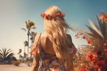 Generative AI Illustration Back View Of Unrecognizable Woman In Elegant Dress With Crown Of Flowers In Blonde Hair Standing On The Beach
