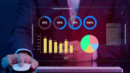 Businessman working with his computer, showing chart and graph icons on virtual hologram digital screen interface. Big data analytics, BI business intelligence, investment and financial concept.