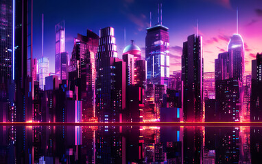 Wall Mural - An illustration of a futuristic city at night and a sci-fi vision of a futuristic neon city with bright blue, purple and red lights every day. AI generated.