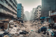 © ADDICTIVE STOCK - Generative AI illustration row of buildings of street with littered pollutants waste material debris trash causing environmental pollution