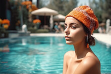 Generative AI Image Of Young Naked Woman With Red Headscarf Looking Away While Swimming In Pool During Holidays
