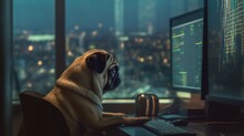 A Pug Dog Sitting At A Desk In Front Of A Computer. Generative AI Image.