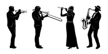 Silhouettes Set Of Musicians Playing On Wind Instruments. Trumpet, Trombone, Flute, Saxophone. Vector Cliparts Isolated On White.