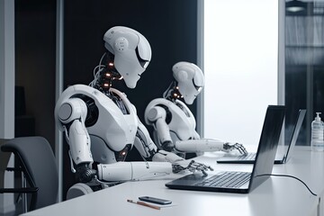 Poster - Robot humanoid working with computer in modern office. Artificial intelligence concept. 3D Rendering, Abstract textile cloth wallpaper background, AI Generated