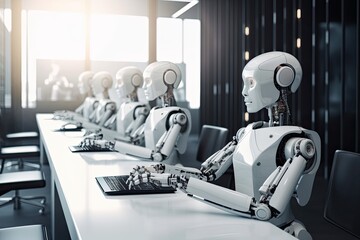 Poster - 3d rendering robot working in modern office with computer. Concept of artificial intelligence. Abstract textile cloth wallpaper background, AI Generated