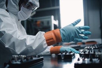 Poster - scientist in protective suit and gloves working with control panel in laboratory, an engineer wearin