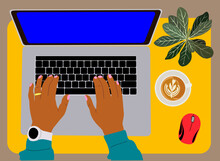Female Hands Working On Laptop At Desk Top View. Working, Chatting, Communication, Surfing Internet, Working Online, Watching Video, Shopping. Colorful Cartoon Flat Vector Illustration.