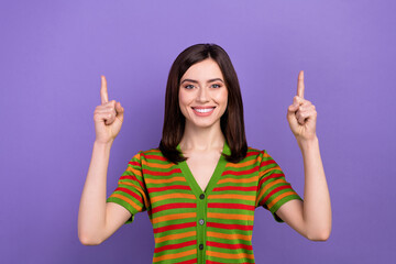 Wall Mural - photo of positive cute lady wear bright trendy clothes two arm demonstrate empty space low prices is