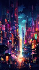 Wall Mural - A futuristic city at night with neon lights. Generative AI image.