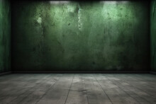 Black Dark Olive Green Horror Background. Interior Room. Concrete Old Wall, Floor. Grunge. Product Display. 3D Rendering. Empty Space. For Mockup, Showcase, Design