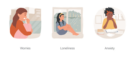 Poster - Teen negative feelings isolated cartoon vector illustration set. Sad girl sits near window, teenage worries, stressed teen, alone in room, feel loneliness, anxiety and frustration vector cartoon.